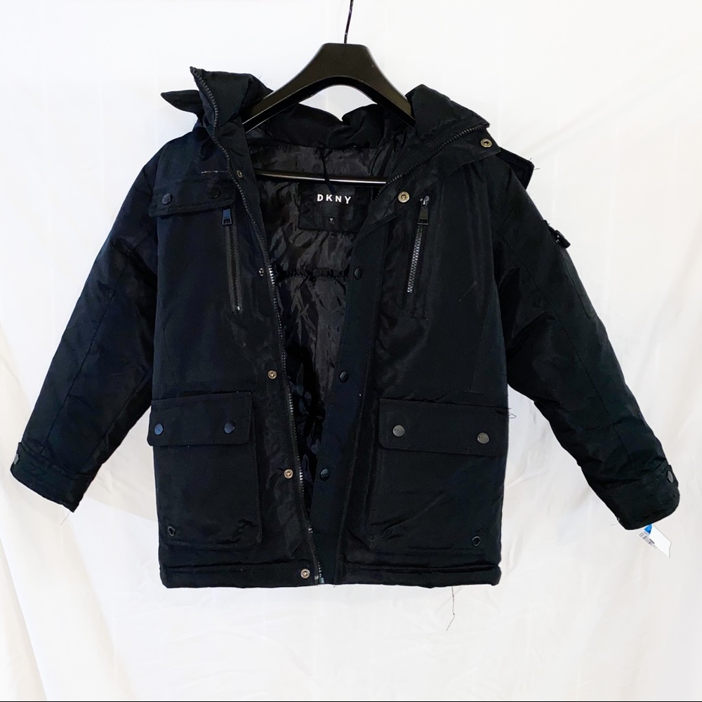 DKNY Black Puffy Jacket with Fur Hood - Size S/P